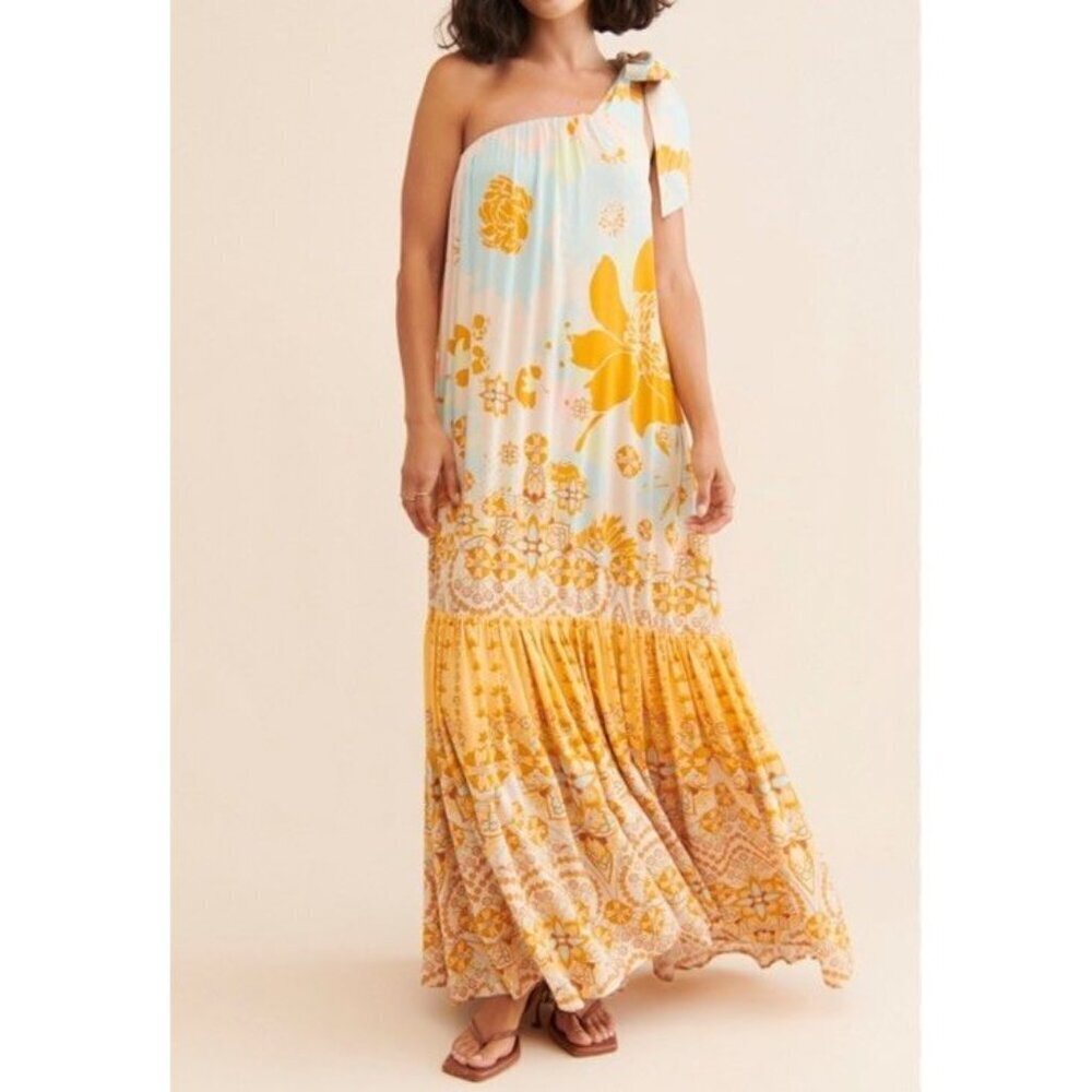 Free People Sz M Dress COTE D AZUR One Shoulder Flowy Maxi Boho Hippie Coastal
